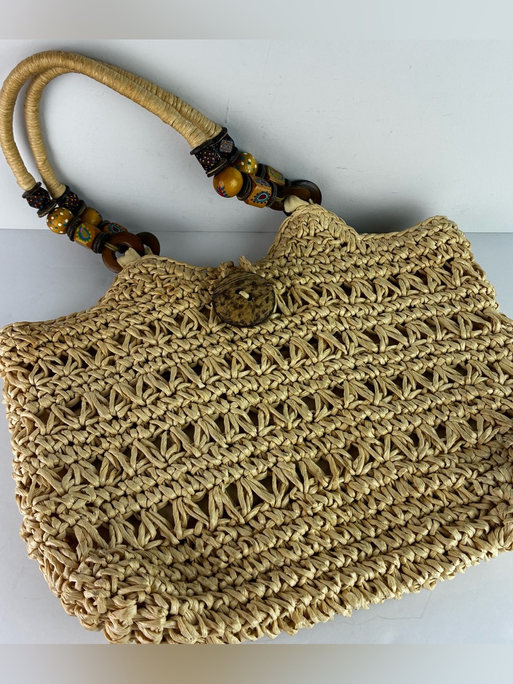 Cappelli Straworld Straw Woven Tote Purse w/Large Bead Wood Accents